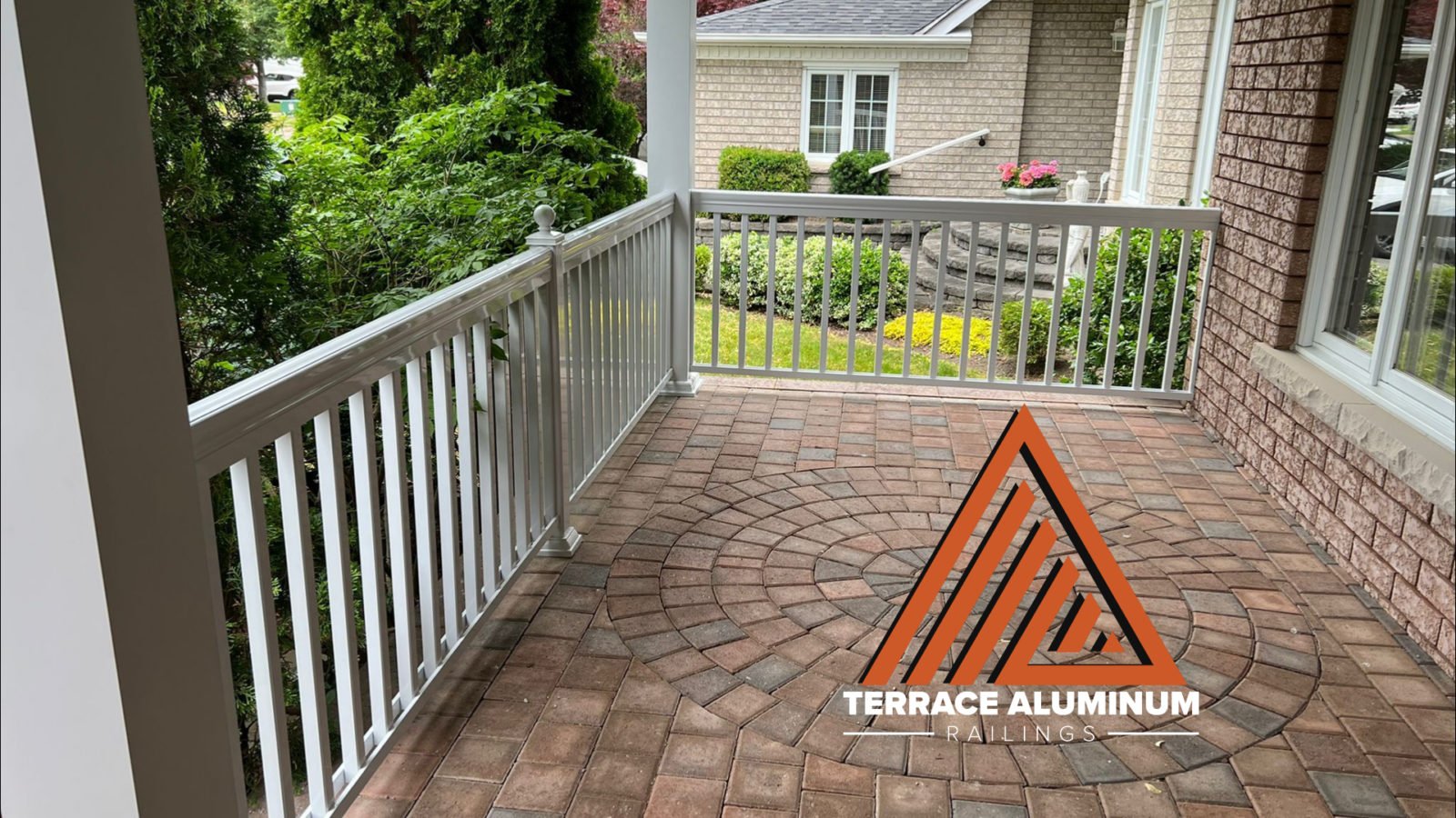 2 front porch railings with white aluminum railing and white aluminum columns