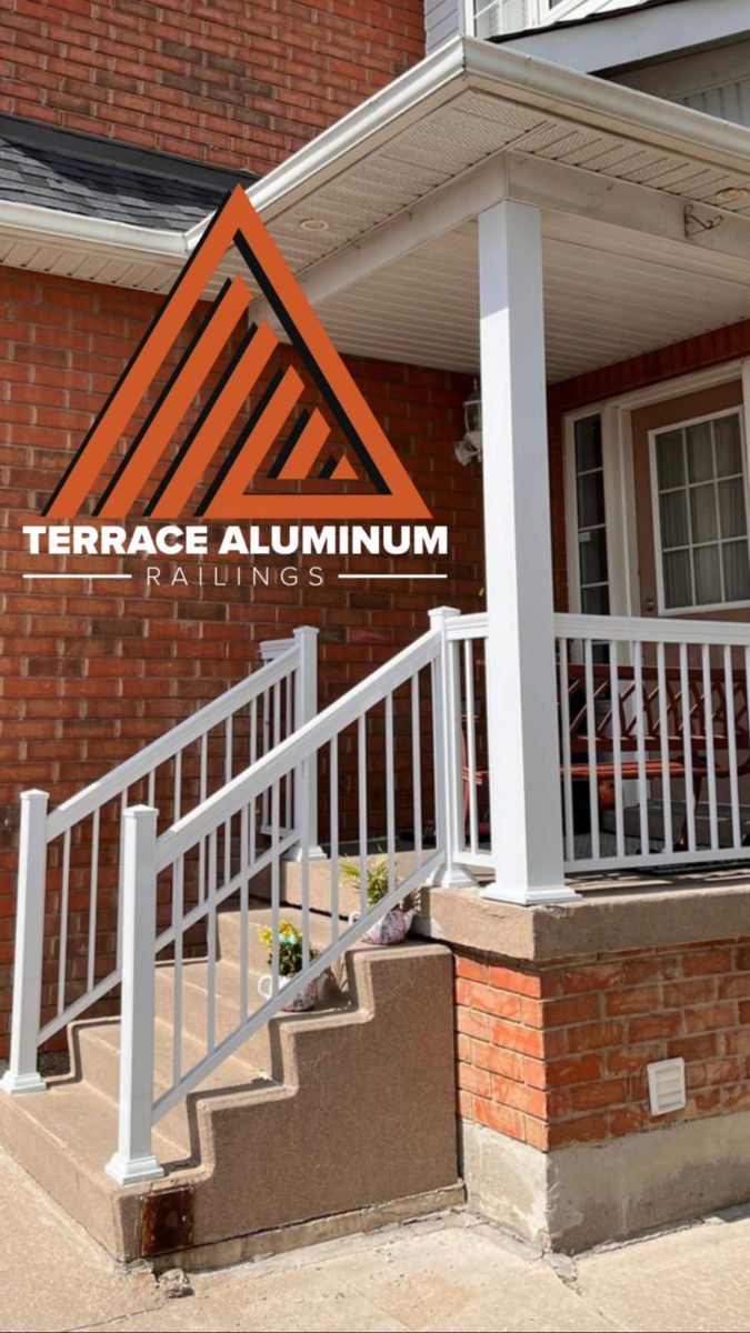 porch with single aluminum column and white aluminum railing