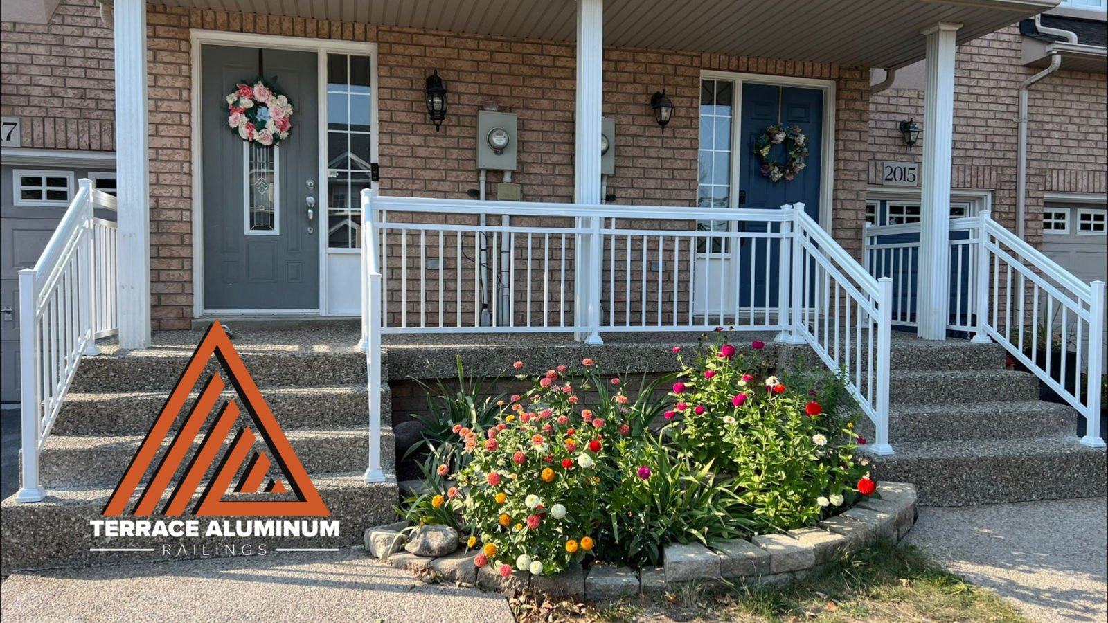 2 front porch railings with white aluminum railing and white aluminum columns